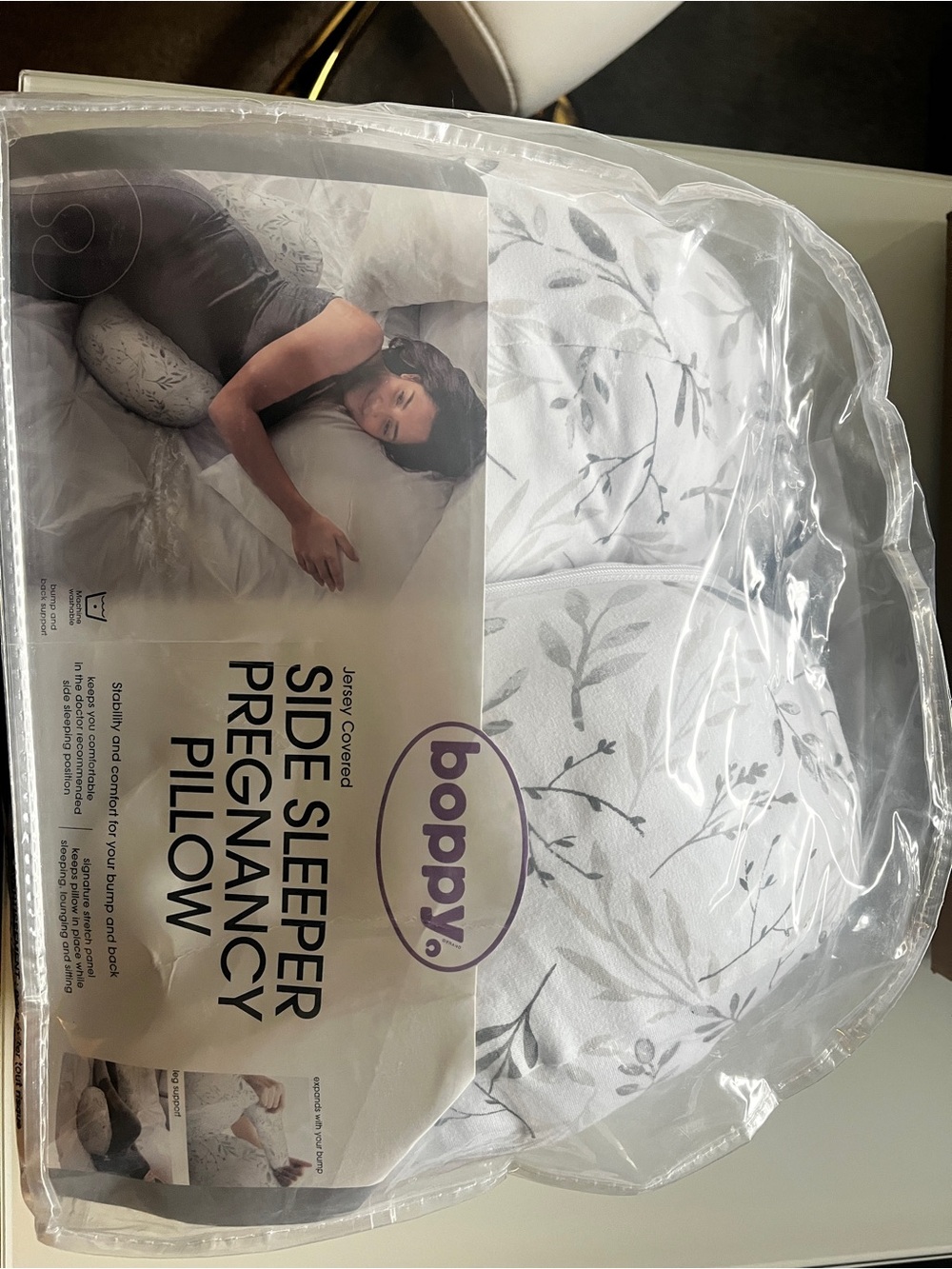 Boppy Side Sleeper Pillow - White with Gray Leaf Print